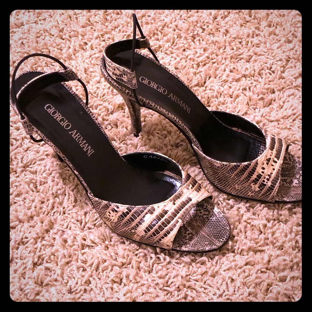 Giorgio Armani heel sandals available.